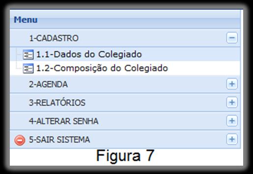 Na coluna à esquerda o SGE apresenta o menu com as ferramentas disponíveis para inserção de dados e