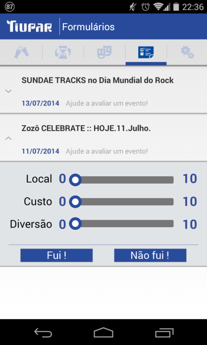 Figura 4.8 Tela Formulários com item expandido. Ao pressionar o botão Fui!, o sistema irá remover o evento avaliado da lista, gravar as notas dadas e registrar que o formulário foi preenchido.