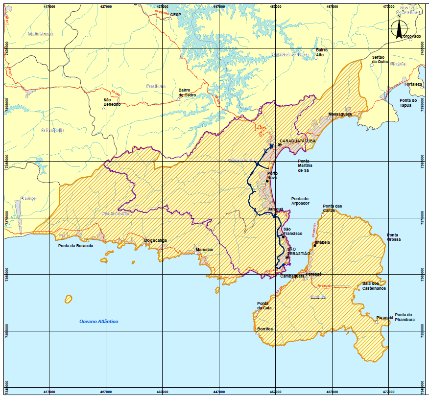 Figura 3. 8: Localização do Sub-trecho Anel de Contorno Sul (em linha azul) da Rodovia Nova Tamoios. Fonte: (EIA, 2010).