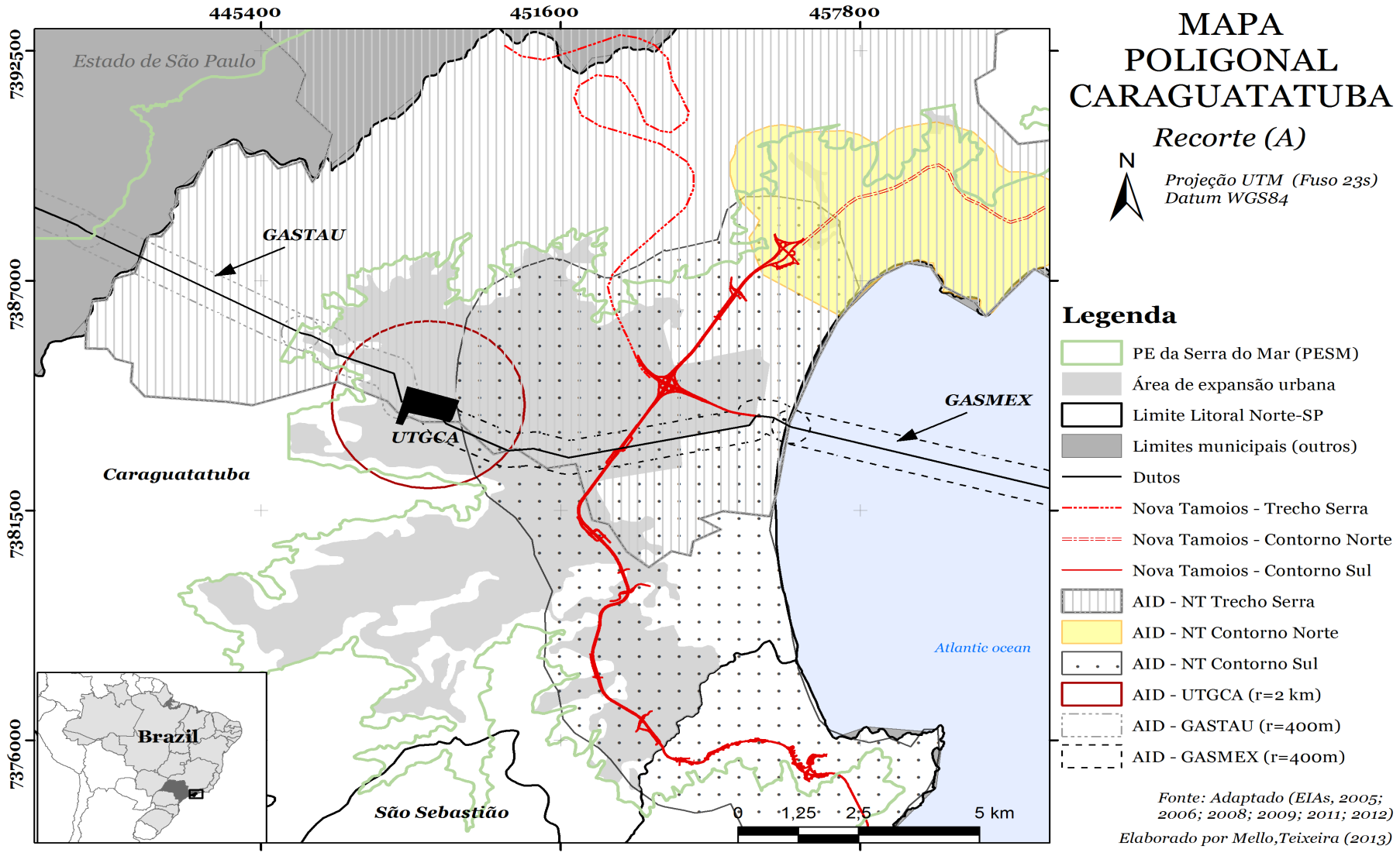 Figura 4. 3: Mapa de sobreposição de Áreas de Influência Direta dos projetos na planície costeira de Caraguatatuba.