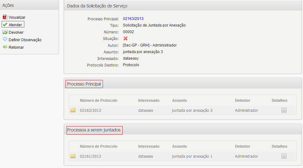 Figura 146 4.25 Atendendo uma solicitação de juntada por Anexação Na solicitação de juntada por anexação o usuário solicitante deverá referenciar o(s) documento(s) que a serem anexados.