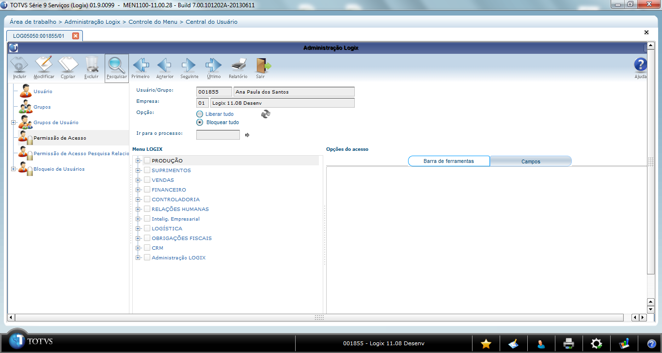 Título do documento Depois de cadastrar no menu, deverá ser realizada a liberação dos programas para o usuário através do LOG05050 (Administração Logix) menu Permissão de Acesso.