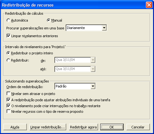 157 Recurso 26 A janela Redistribuição de Recursos é composta de: Redistribuição de Cálculos Pode ser escolhido entre cálculo Automático (A redistribuição é feita automaticamente durante as