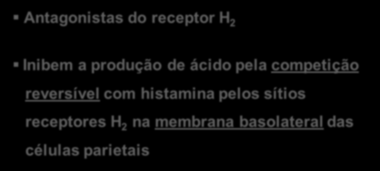 1 Anti-histamínicos H2 Antagonistas do receptor H 2 Inibem a produção de ácido pela competição