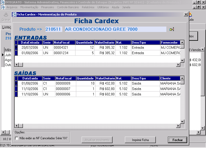 Ficha Cardex Movimentação detalhada do produto