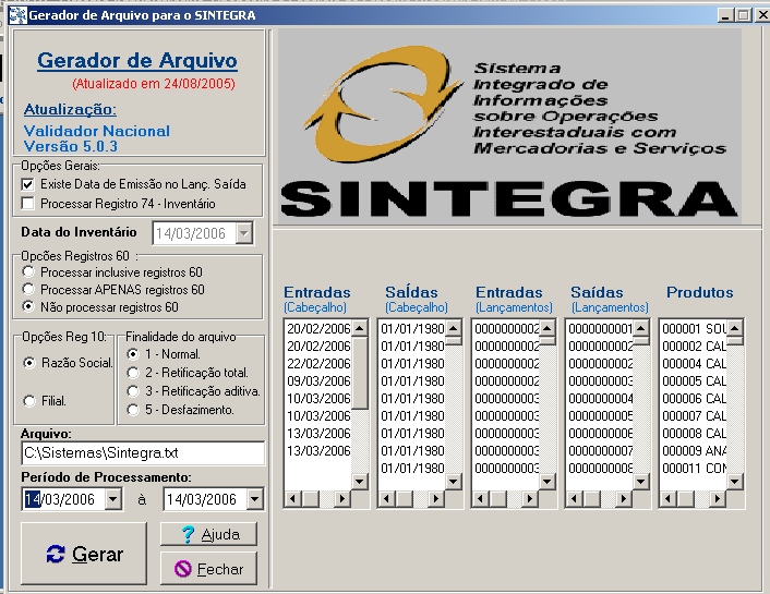 Gerador de Arquivos SINTEGRA