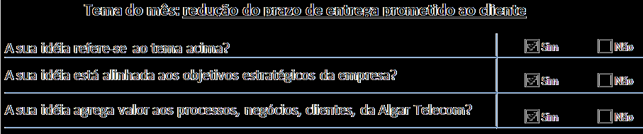 relacionada aos assuntos definidos pelo Comitê de Inovação antes de inscrever a sua idéia.