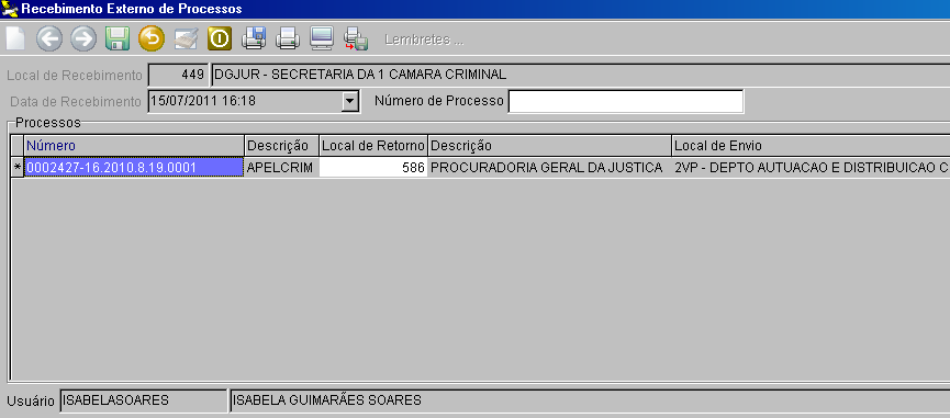 O sistema irá incluir o processo na grade da tela.