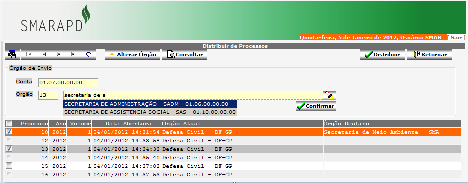 12 º Modulo de distribuição de processos WEB Para acessar o modulo de distribuição de processos na web o usuário deve clicar no menu principal do sistema na opção Distribuir.