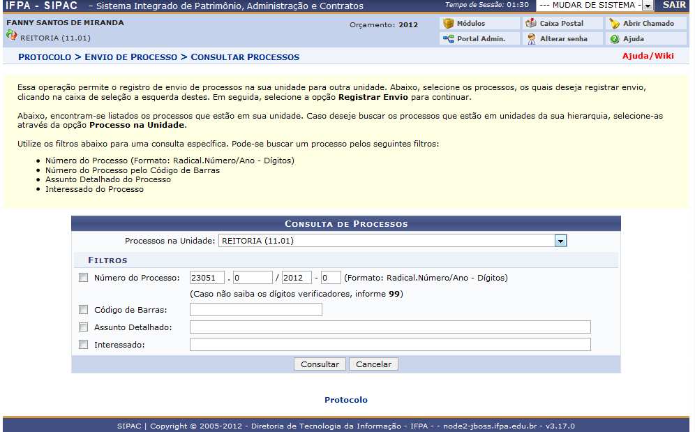 2- Selecione no box de rolagem a unidade PROTOCOLO DE MIGRAÇÃO ou utilize o ícone para efetuar a busca do setor.