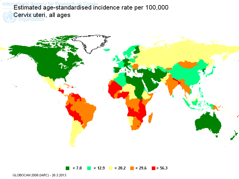 Figura 1. Câncer de colo uterino: Estimativa da taxa de incidência ajustada para idade por 100.000 mulheres.