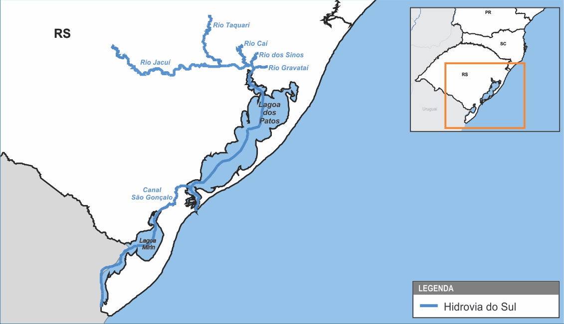Relatório Técnico Bacia do Sul Figura 1 - Hidrovias do Sul Os rios que compõem as hidrovias percorrem 12 microrregiões no estado do Rio Grande do Sul, as quais abrangem um total de 163 municípios.