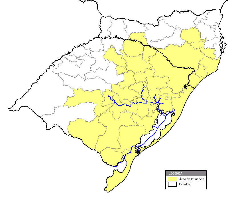 Bacia do Sul Relatório Técnico, Figura 6 - Área de Influência Final Considerando que todas as hidrovias do estudo encontram-se no Rio Grande do Sul, já era esperado que sua Área de Influência Final