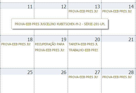 Agenda Visualizar Agenda do Professor Observe que na Agenda do Professor aparecem as Tarefas e Avaliações da sua disciplina em todas as turmas Ao passar o mouse sobre uma Tarefa ou