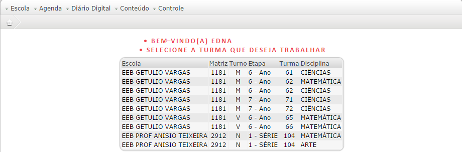 Seleção da turma Escolha a turma na qual deseja trabalhar.