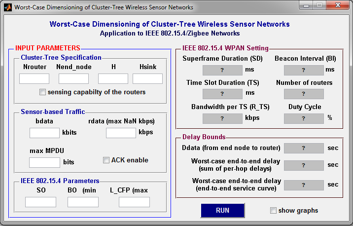 Figura 19 Janela do simulador Worst-Case Dimensioning of Cluster-Tree Wireless Sensor Networks Com a interface gráfica o usuário configura a rede através dos parâmetros de entrada, localizado na