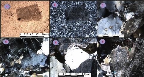 Figura 3- Fotomicrografias de rochas do Granito Sao Francisco: (A) textura porfirítica da Fácies Microgranítica, (C) recristalizacao de quartzo, (D) microclína pertítica com drops de plagioclásio