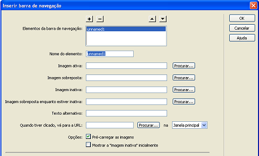 Elementos da barra de navegação Deve criar cada botão separadamente, num programa de processamento de imagem e desenho (fora do Dreamweaver), e colocá-los numa pasta da sua preferência.