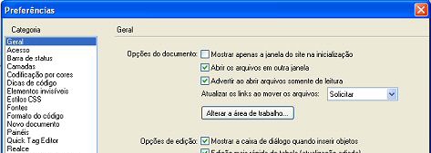 1.2.9. Ajustar Preferências O Dreamweaver permite que se ajustem as preferências de forma a moldar o ambiente ao nosso gosto.