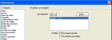 Para designar os browsers (primário e secundário), aceda às preferências (Editar > Preferências) e clique na categoria Visualizar no navegador.