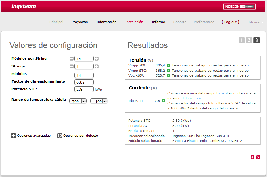 52 advertências. A Figura 29 apresenta este passo. Figura 29 - Valores da configuração e resultados, programa on-line Ingecon Sun Planner Fonte: Disponível em <http:// www.ingeconsunplanner.