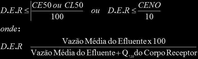 D.E.R = Diluição do Efluente no Corpo Receptor, em % CE50 = Concentração do efluente que causa efeito agudo a 50% dos organismos aquáticos, em um determinado período de tempo, em % CL50 =