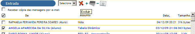 O docente poderá mover qualquer mensagem para as pastas criadas clicando no Box na frente da mensagem específica e na parte superior selecionar a pasta desejada.