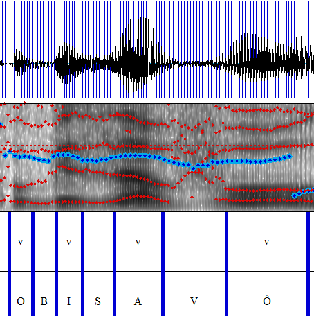 113 No espectrograma, o pré-núcleo O bisavô, por exemplo, foi segmentado vogal por vogal, individualmente: as setas mostram como a duração foi recalculada do onset de uma vogal até o onset da vogal