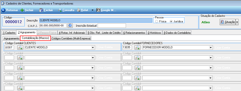 Figura 10 Cadastro de Clientes - Agrupamento. Quanto na Contabilização (MACROS) dos cadastros dos clientes, Figura 11.