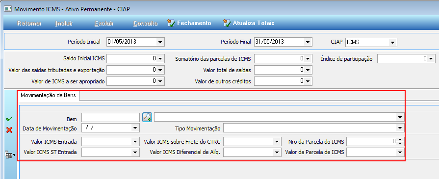 Figura 53 Movimento CIAP. Tem-se o objetivo de informar as movimentações de bens ou componentes no CIAP e a apropriação de parcelas de créditos de ICMS do Ativo Imobilizado.