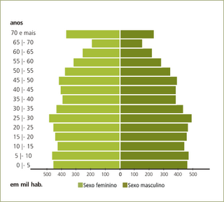 Esse gráfico é constituído de dois conjuntos de barras que representam o sexo e a idade de um determinado grupo populacional.