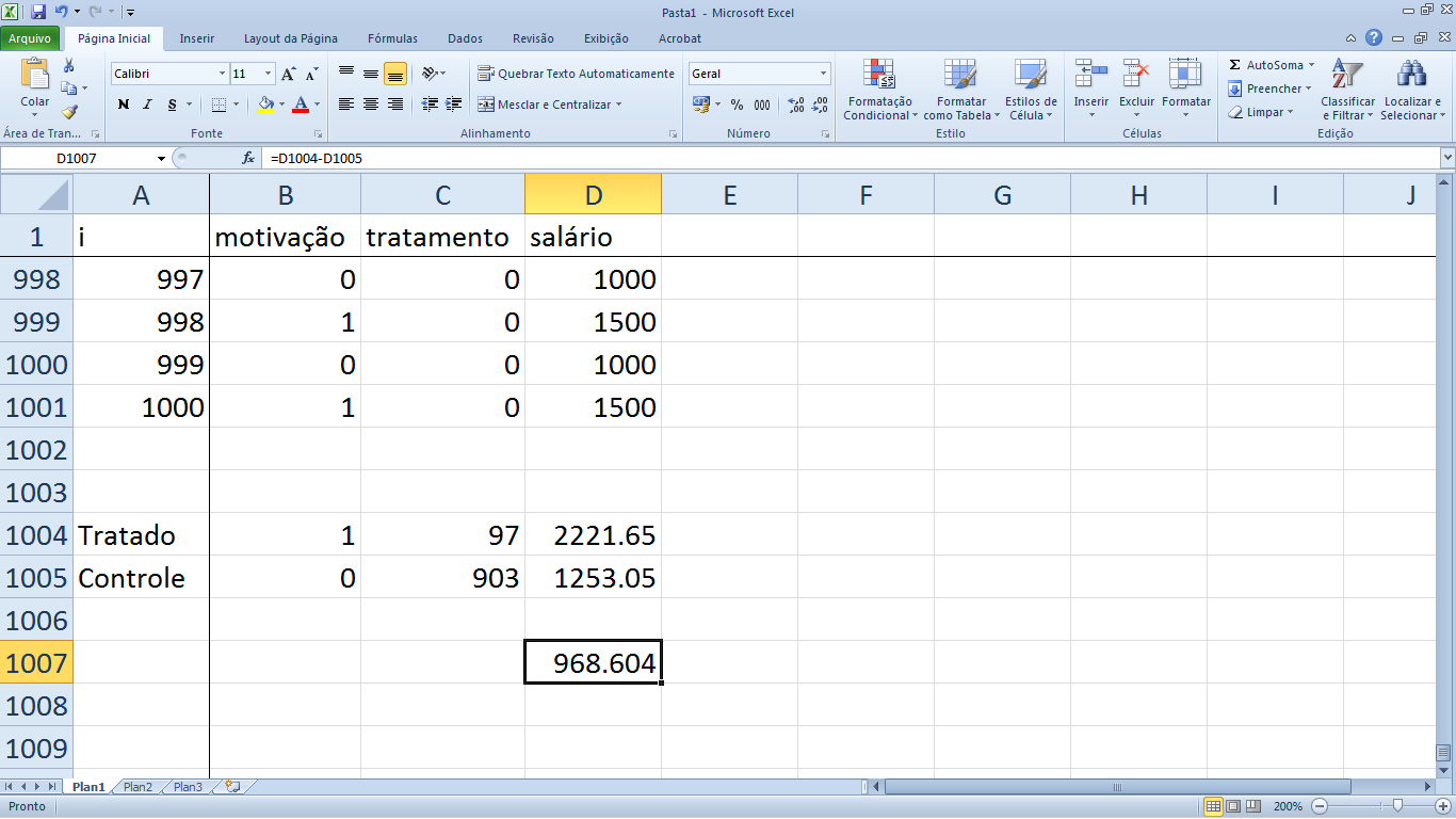 Usando a função MÉDIASE, calcule a diferença das médias e veja como ela se aproxima dos R$ 1.000 que é o verdadeiro ATT estipulado no exercício.