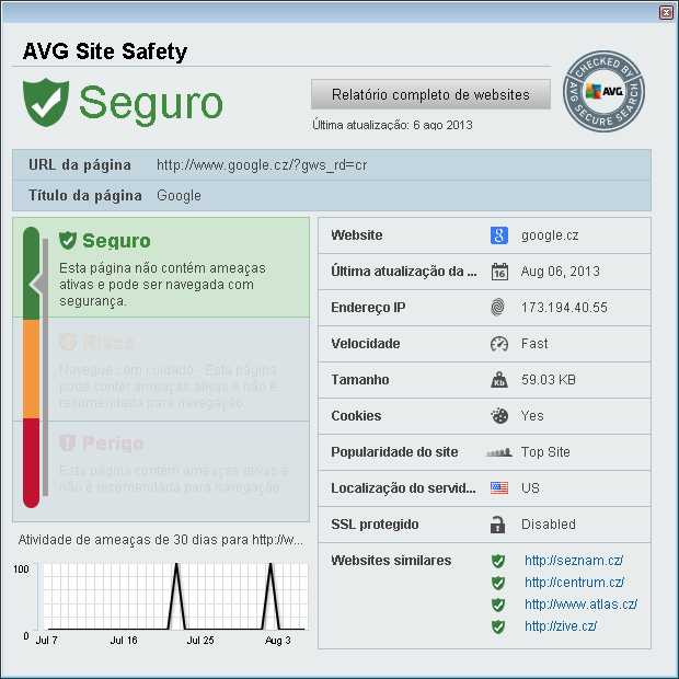 Segurança do Site este botão abre um novo diálogo fornecendo informações sobre o nível de ameaça atual (Seguro) da página que você está visitando.