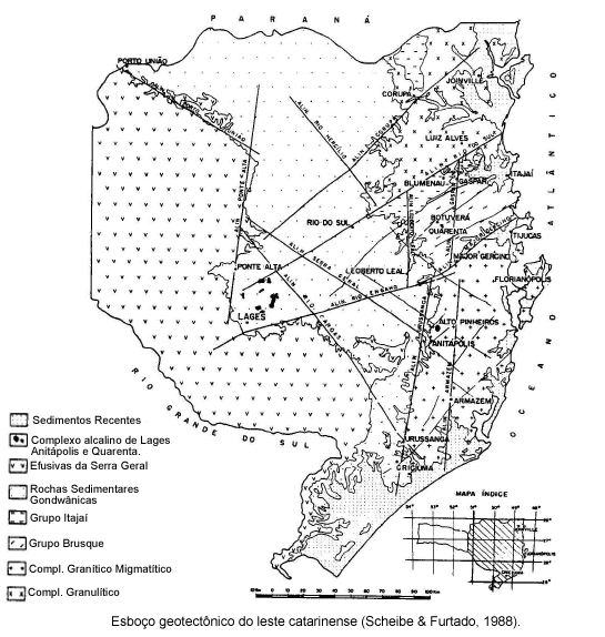 Em Santa Catarina os limites das áreas de afloramento das rochas vulcânicas da Serra Geral e dos arenitos da Formação Botucatu estariam, conforme Scheibe e Furtado (1989), diretamente relacionados