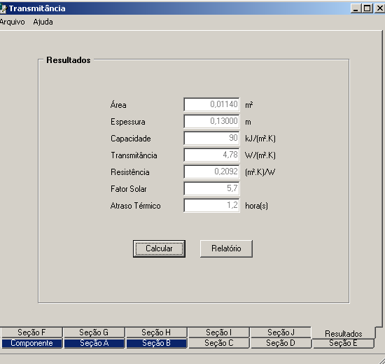 Programa Transmitância 3) Resultados -capacidade térmica (Ct) - trânsmitancia térmica (U) -