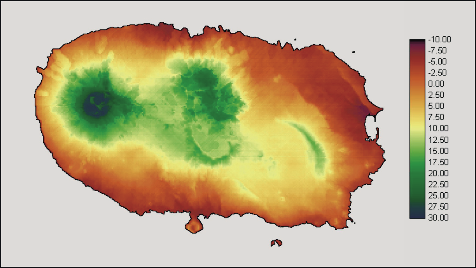 Figura 5. A distribuição espacial dos principais gradientes ambientais da Ilha Terceira está, sobretudo, relacionados com a precipitação, humidade, temperatura e altitude.