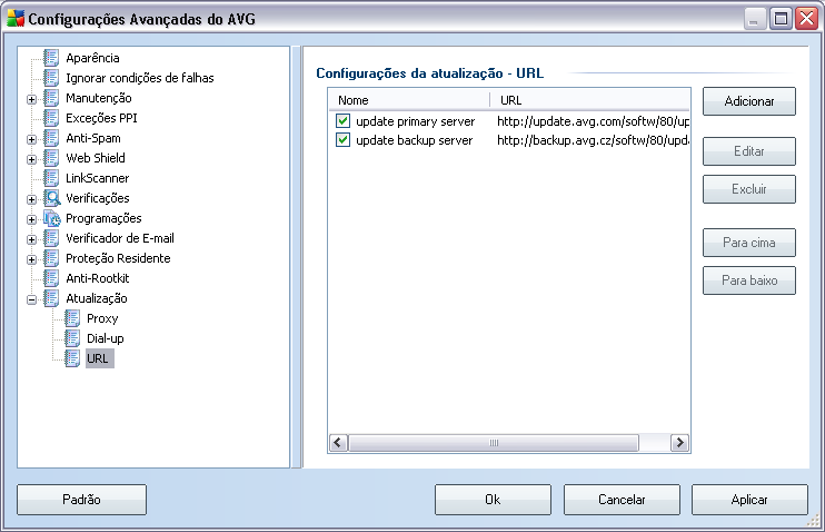 10.12.3. URL A caixa de diálogo URL oferece uma lista de endereços da Internet, de onde você poderá baixar os arquivos de atualização.