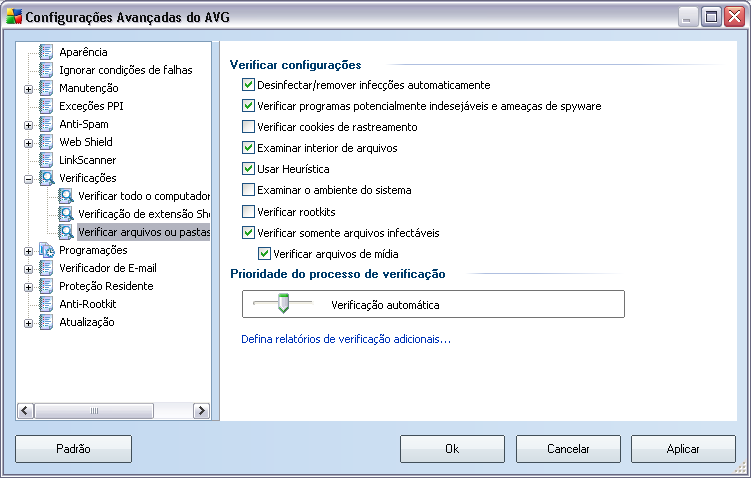 Todo os parâmetros definidos nesta caixa de diálogo de configuração são válidos somente para as áreas selecionadas para verificação com a Verificação de arquivos ou pastas específicos!