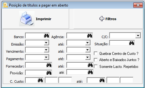 RELATÓRIO DE CONTAS A PAGAR EM ABERTO - Neste relatório o sistema mostrará uma relação dos títulos que estão em aberto, nele é possível visualizar mais de um fornecedor em um mesmo relatório, é