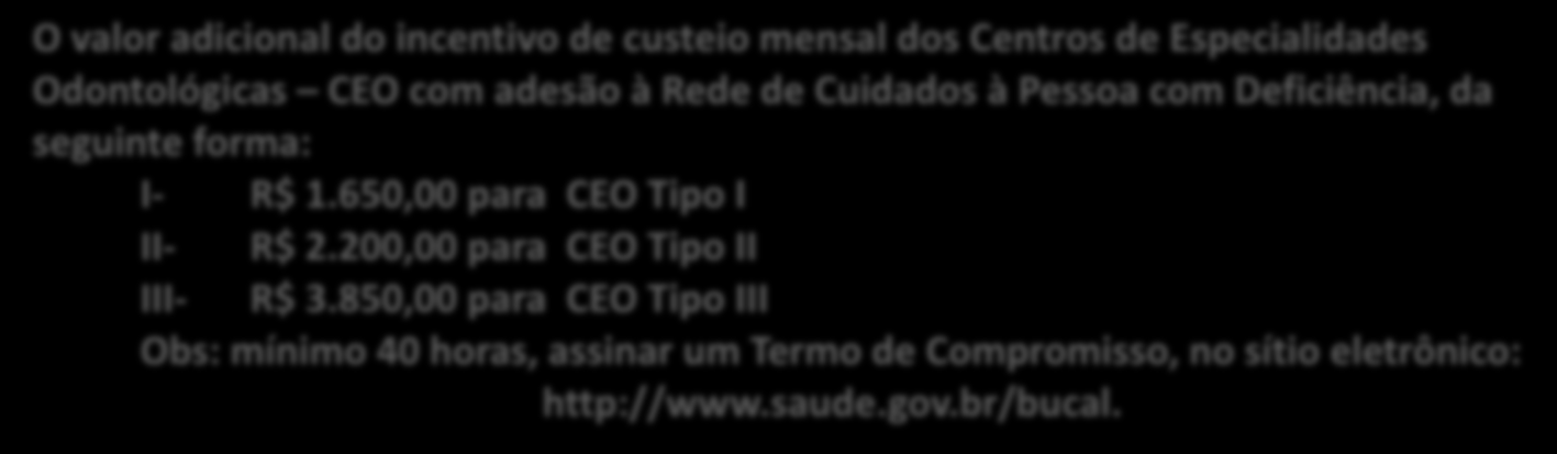 INCENTIVOS CEO FEDERAL INCENTIVO DE IMPLANTAÇÃO FEDERAL Para construção, ampliação, reforma e aquisição de equipamentos odontológicos. R$ 60.000,00 com 3 cadeiras odontológicas R$ 75.