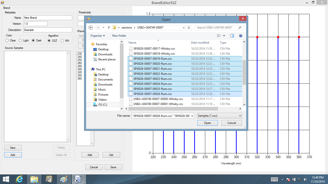 29) Click no botão Add que está localizado no canto inferior esquerdo, sob a janela Source Samples. 30) Na nova janela, vá para o local onde você salvou o espectro da nova bebida.