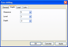 Menu: Mill Cycles Toolbar: Mill Caixa de diálogo Face Milling Guia: General Mill Type tipo de fresamento: Climb fresamento dicordante; Conventional fresamento concordante; Optimised otimizado.