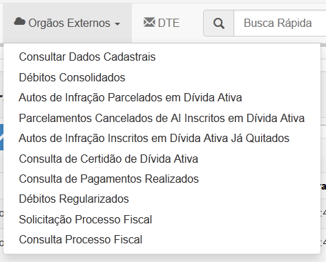 Figura 17 Menu PGE Ao clicar no menu Órgãos Externos, o usuário tem acesso às principais aplicações relacionadas ao Órgão extra Sefaz-MA.