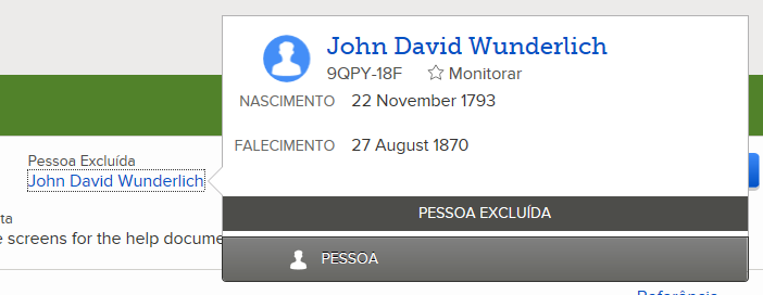 Unificar Registros Repetidos a. Clique no nome da pessoa, na árvore. Aparece o cartão de resumo da pessoa. b. Clique em Pessoa, no cartão de resumo da pessoa. A página de detalhes da pessoa aparece.