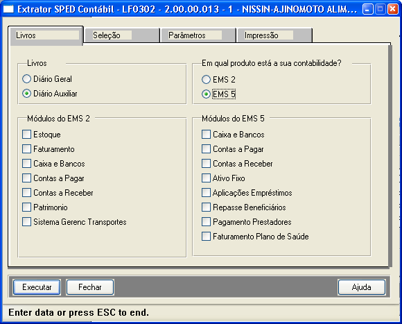 Atenção: Para os diários auxiliares tem uma coluna com os módulos do EMS2 e outra com os módulos do EMS5.