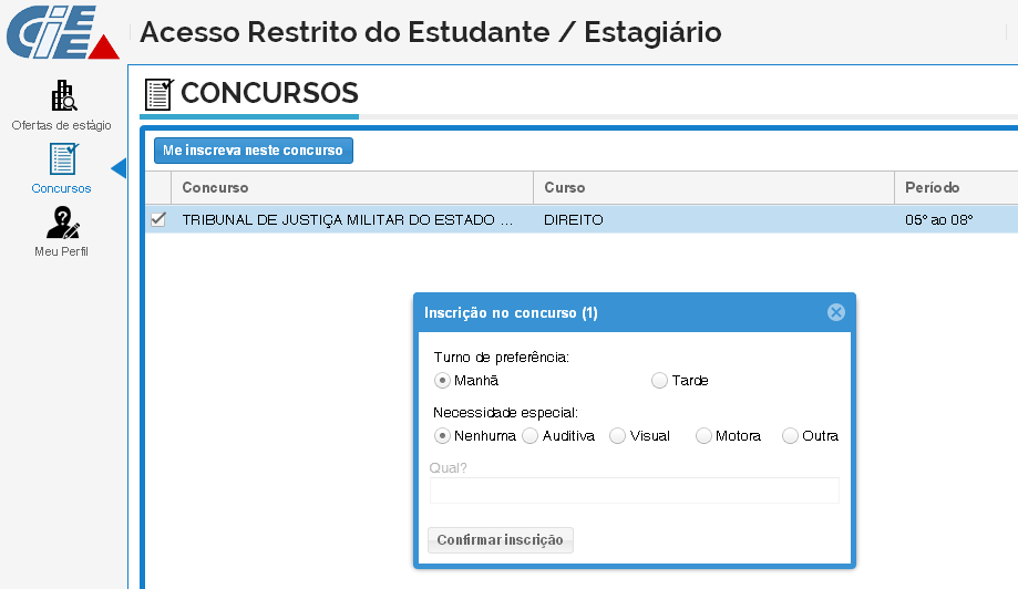 ITEM 8: Clique no menu concursos a sua esquerda e selecione o concurso clicando na caixa de seleção, veja indicação conforme a seta vermelha na tela abaixo. Seleção do Concurso.