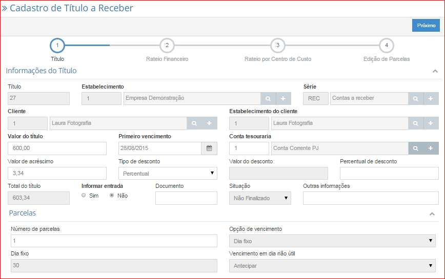 Observação: Os títulos selecionados terão sua situação atualizada para Substituído, e será criado um novo título a receber.