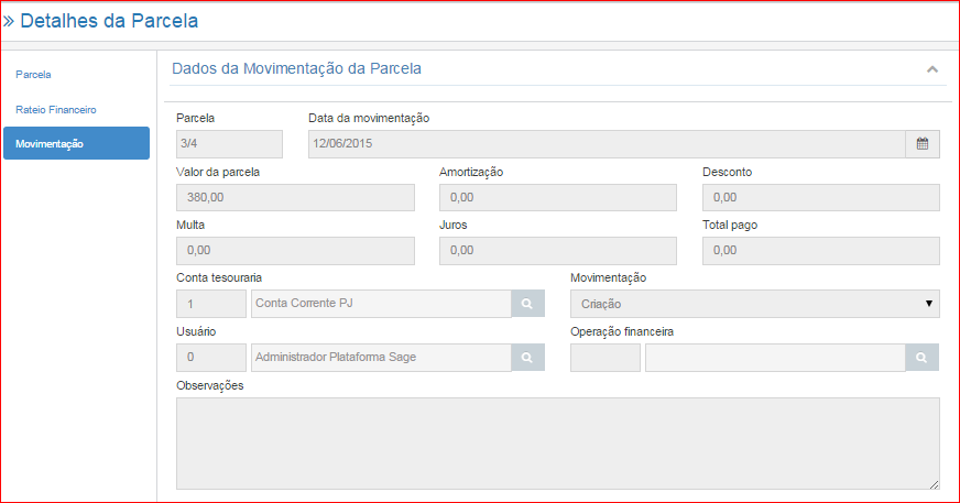 Com dois cliques sobre um registro da aba Movimentação será aberta tela com os detalhes da movimentação selecionada.