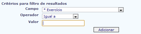 o Selecionar Operador: Igual a, Diferente de, Contém, Começado por, Terminado por, Maior que, Menor que, Maior ou igual a, Menor ou igual a.