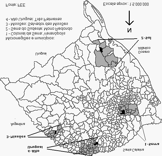 9 unidades agrícolas familiares em cada um dos municípios), realizada no período 2002/2003, em quatro regiões distintas do Rio Grande do Sul, indicadas no Mapa.